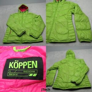 Koppen Down Ski‎ Jacket Womens Large Green Pink Hood Lightweight Full Zip Puffer